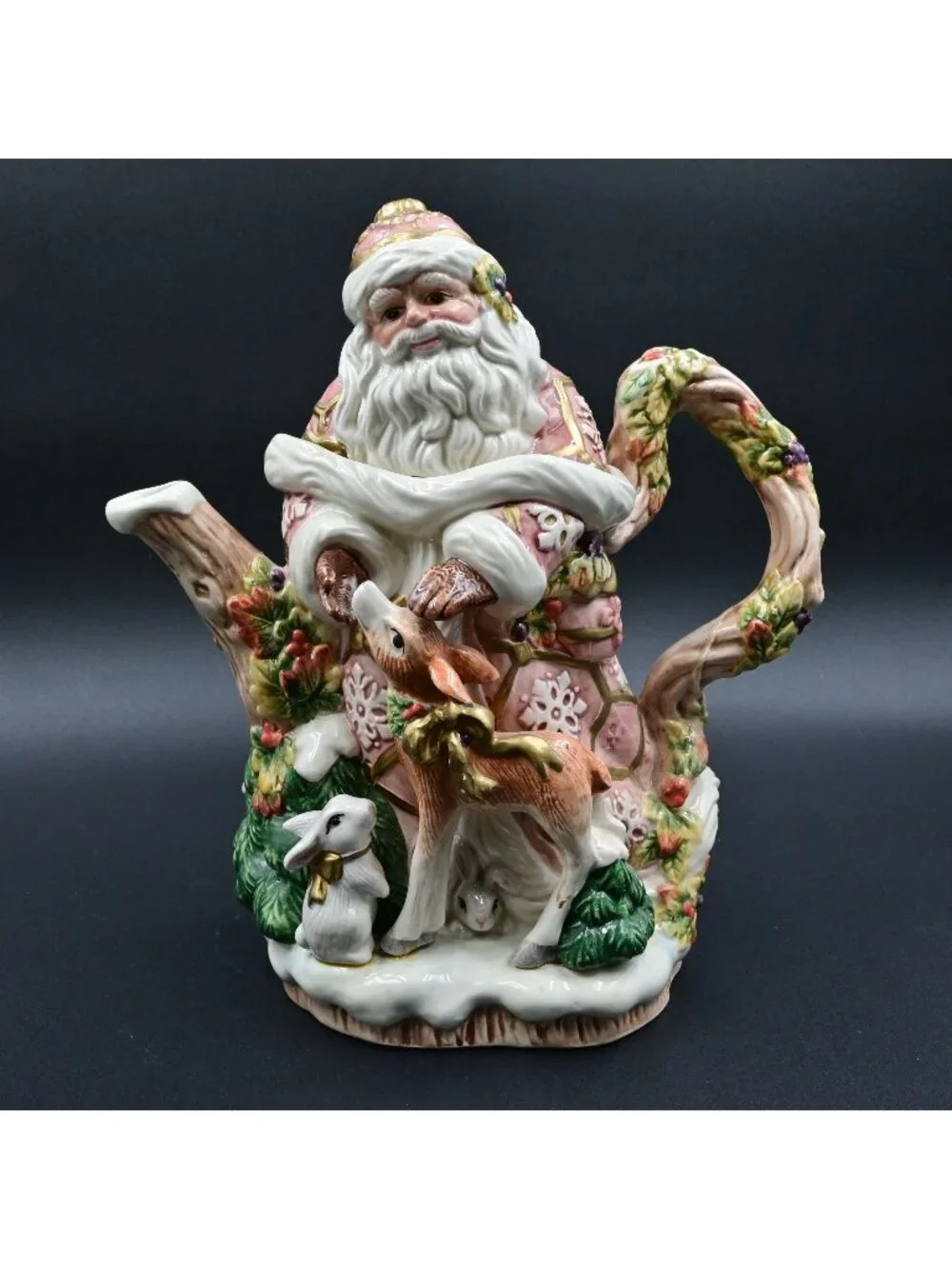 Fitz & Floyd Snowy Woods Santa Teapot Vintage 1996 Ceramic Christmas Decor